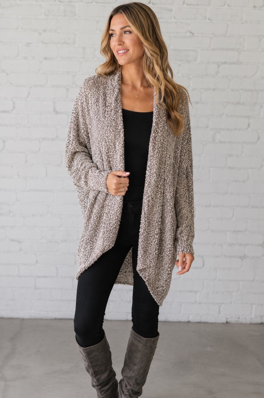 Blue Rain Textured Open Front Cardigan Sweater | Black & Tan Bouclé Knit | O/S